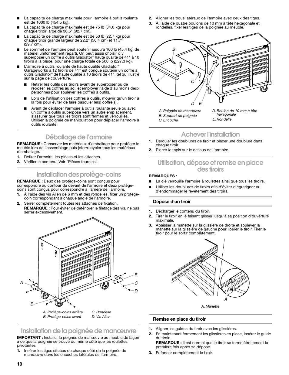 Déballage de l’armoire, Installation des protège-coins, Installation de la poignée de manœuvre | Achever l'installation, Utilisation, dépose et remise en place des tiroirs | Gladiator GATR4112WG 12-Drawer 41 Base Tool Chest User Manual | Page 10 / 12