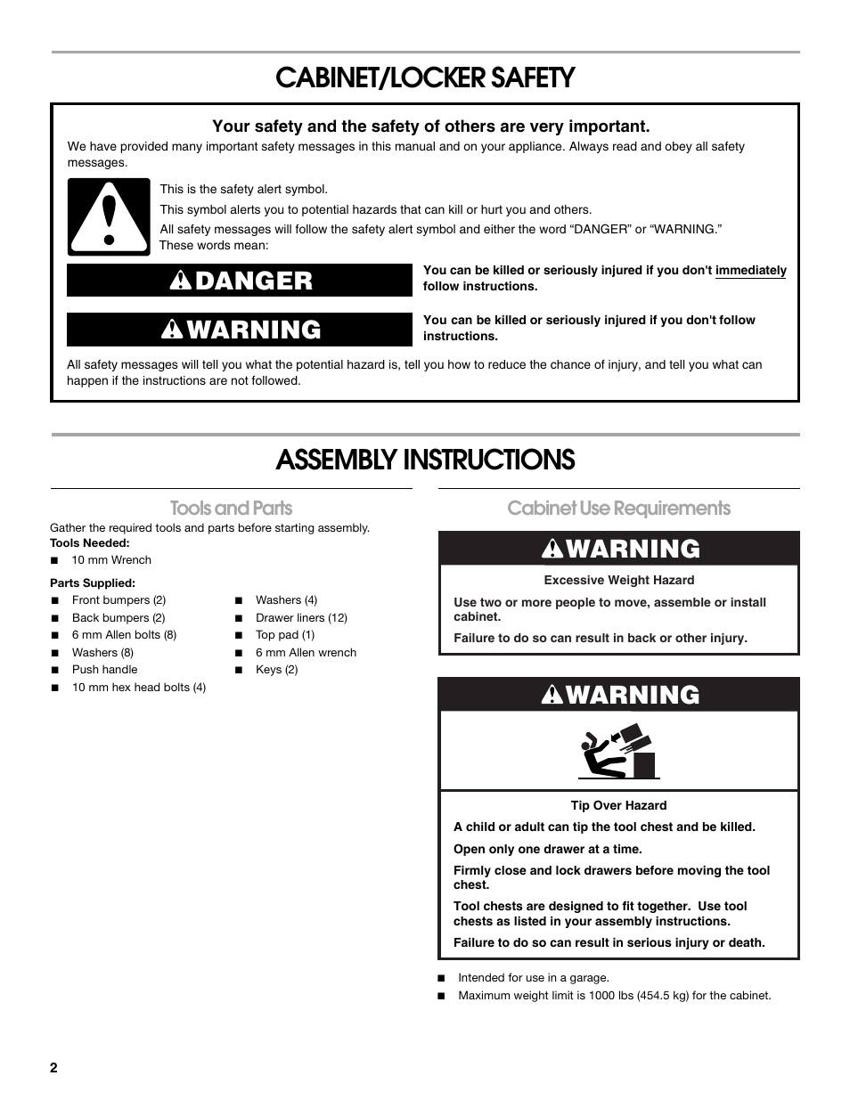 Cabinet/locker safety assembly instructions, Danger warning, Warning | Tools and parts, Cabinet use requirements | Gladiator GATR4112WG 12-Drawer 41 Base Tool Chest User Manual | Page 2 / 12