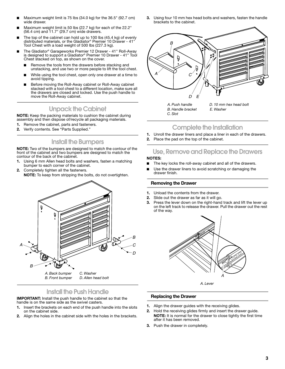 Unpack the cabinet, Install the bumpers, Install the push handle | Complete the installation, Use, remove and replace the drawers | Gladiator GATR4112WG 12-Drawer 41 Base Tool Chest User Manual | Page 3 / 12