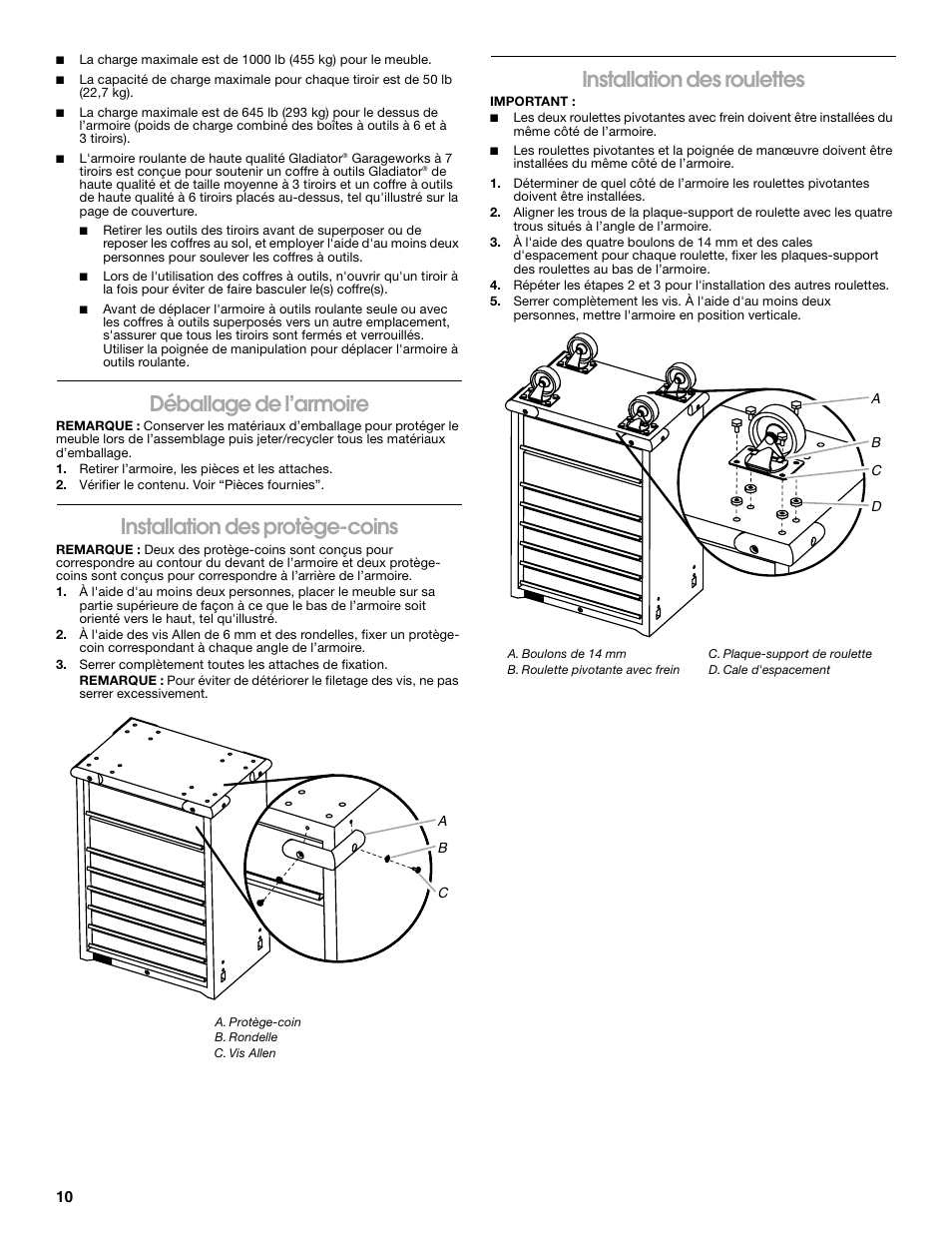 Déballage de l’armoire, Installation des protège-coins, Installation des roulettes | Gladiator GATR27P7WG 7-Drawer Base Tool Chest User Manual | Page 10 / 12