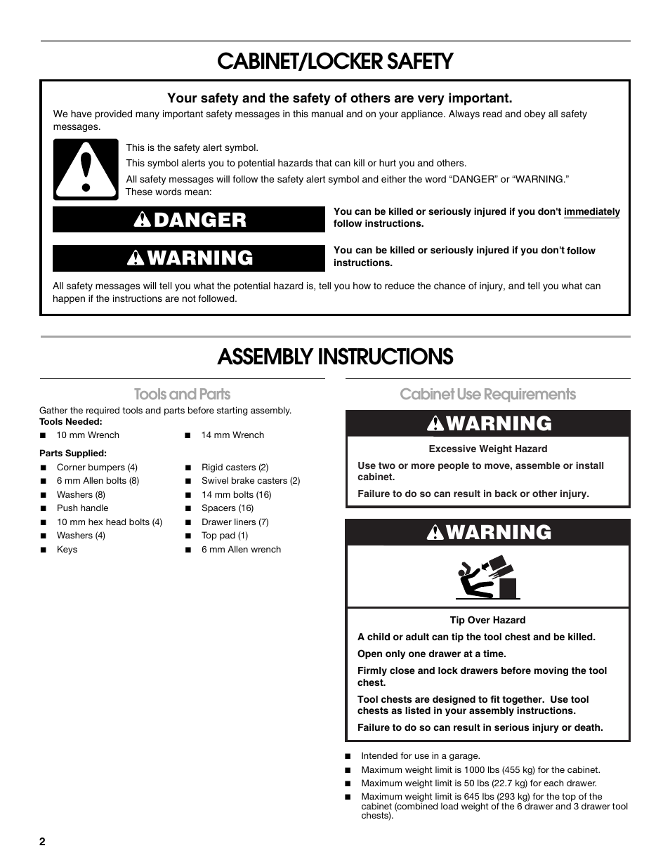 Cabinet/locker safety assembly instructions, Danger warning, Warning | Tools and parts, Cabinet use requirements | Gladiator GATR27P7WG 7-Drawer Base Tool Chest User Manual | Page 2 / 12