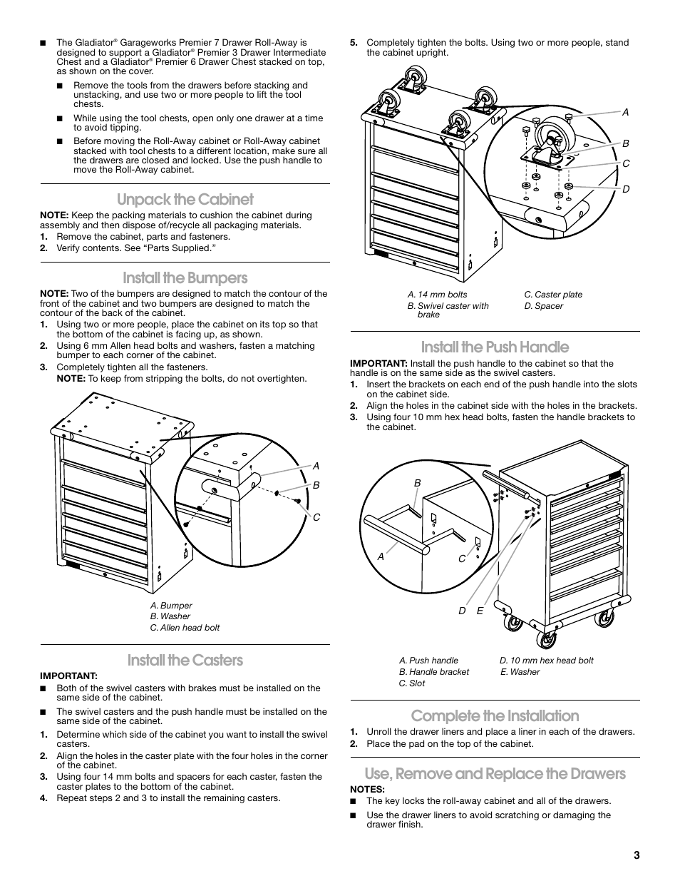 Unpack the cabinet, Install the bumpers, Install the casters | Install the push handle, Complete the installation, Use, remove and replace the drawers | Gladiator GATR27P7WG 7-Drawer Base Tool Chest User Manual | Page 3 / 12