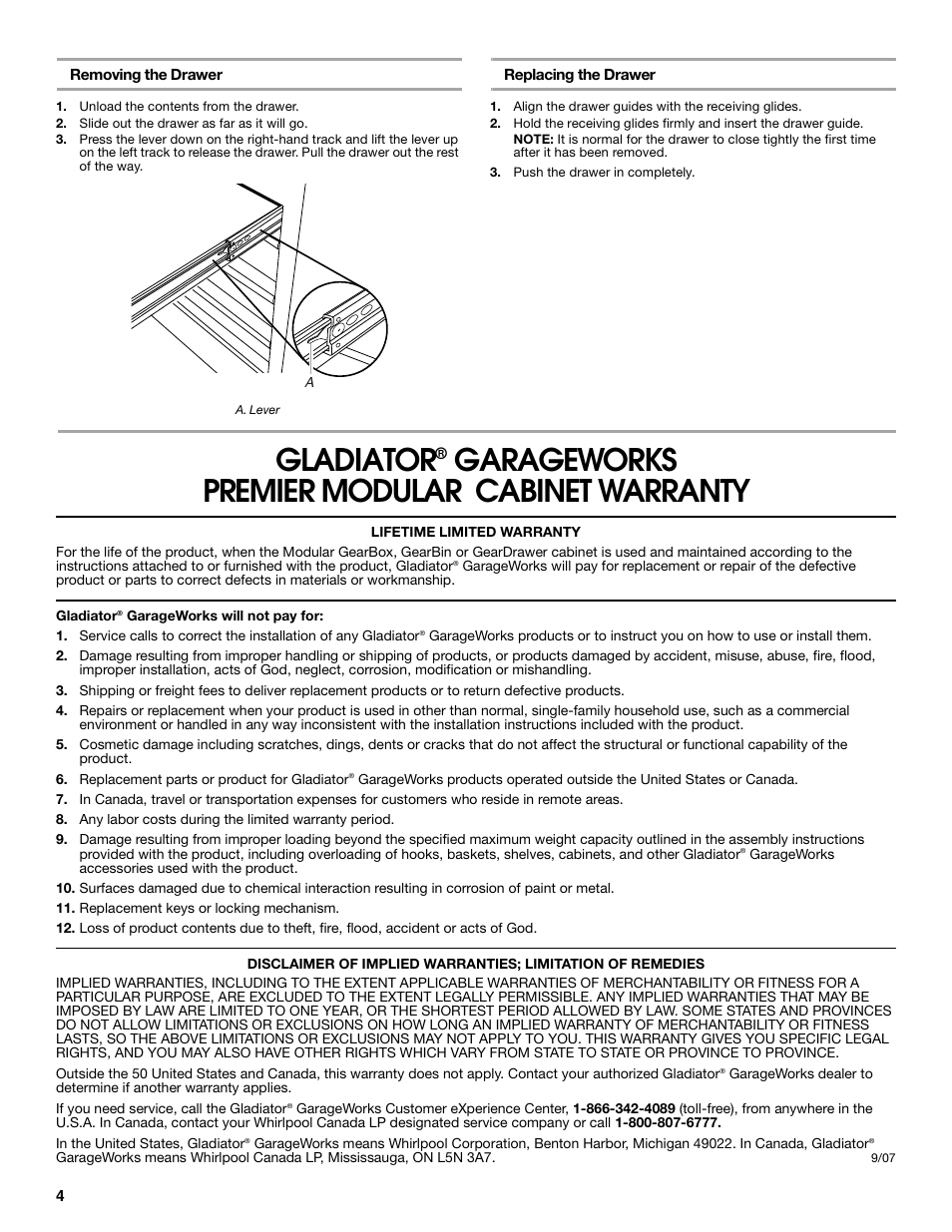 Gladiator, Garageworks premier modular cabinet warranty | Gladiator GATR27P7WG 7-Drawer Base Tool Chest User Manual | Page 4 / 12