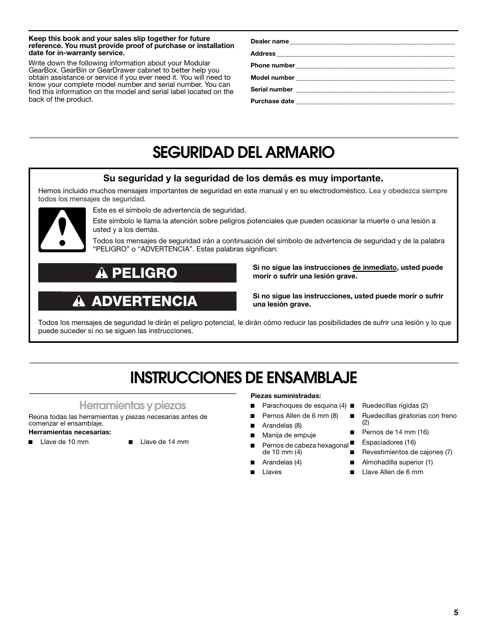 Seguridad del armario instrucciones de ensamblaje, Advertencia peligro, Herramientas y piezas | Gladiator GATR27P7WG 7-Drawer Base Tool Chest User Manual | Page 5 / 12