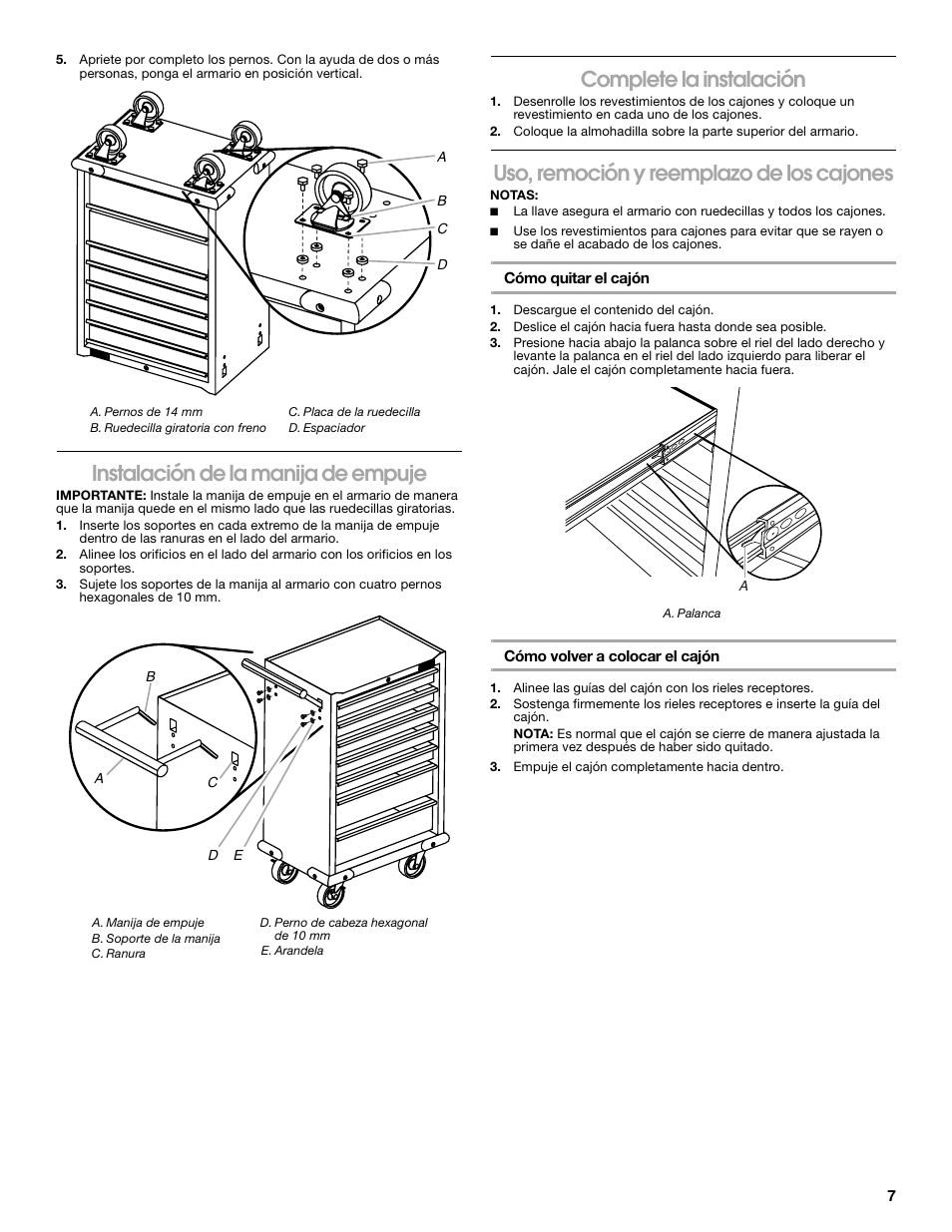 Instalación de la manija de empuje, Complete la instalación, Uso, remoción y reemplazo de los cajones | Gladiator GATR27P7WG 7-Drawer Base Tool Chest User Manual | Page 7 / 12