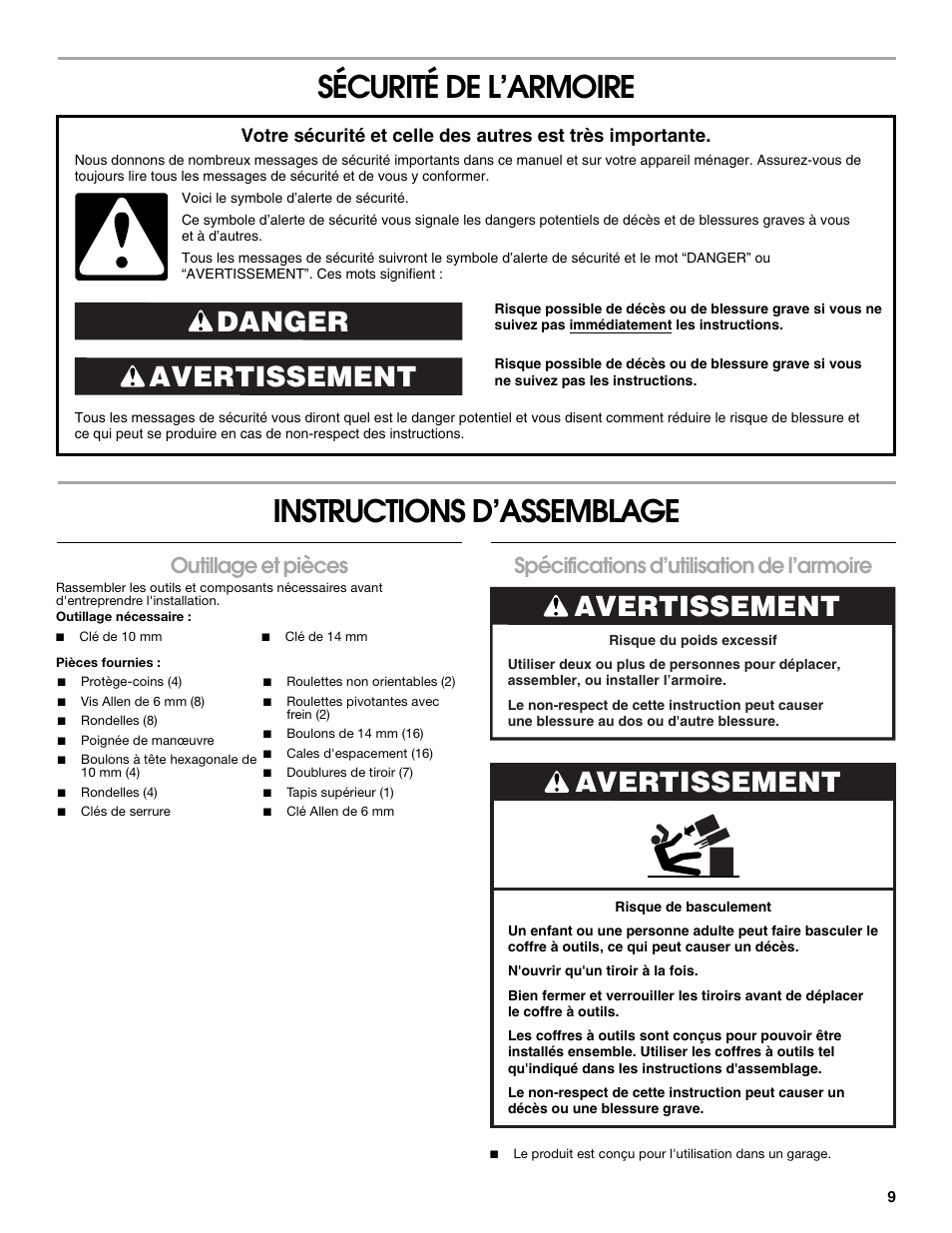 Sécurité de l’armoire instructions d’assemblage, Avertissement danger, Avertissement | Outillage et pièces, Spécifications d’utilisation de l’armoire | Gladiator GATR27P7WG 7-Drawer Base Tool Chest User Manual | Page 9 / 12