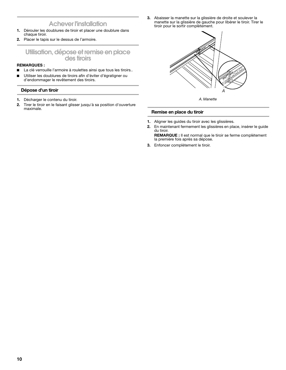 Achever l'installation, Utilisation, dépose et remise en place des tiroirs | Gladiator GATR27V5WG 5-Drawer Base Tool Chest User Manual | Page 10 / 12