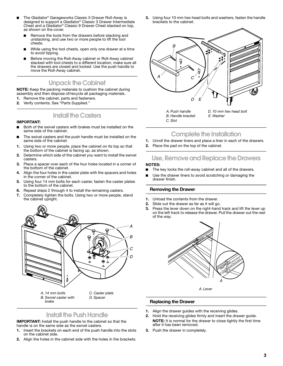 Unpack the cabinet, Install the casters, Install the push handle | Complete the installation, Use, remove and replace the drawers | Gladiator GATR27V5WG 5-Drawer Base Tool Chest User Manual | Page 3 / 12