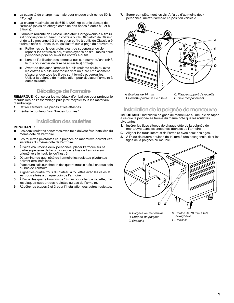 Déballage de l’armoire, Installation des roulettes, Installation de la poignée de manœuvre | Gladiator GATR27V5WG 5-Drawer Base Tool Chest User Manual | Page 9 / 12