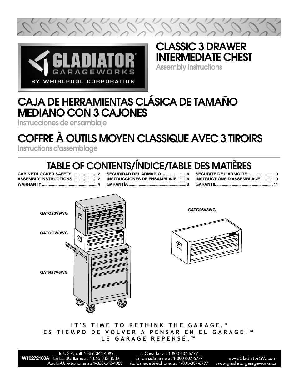 Gladiator GATC26V3WG 3-Drawer Middle Chest User Manual | 12 pages