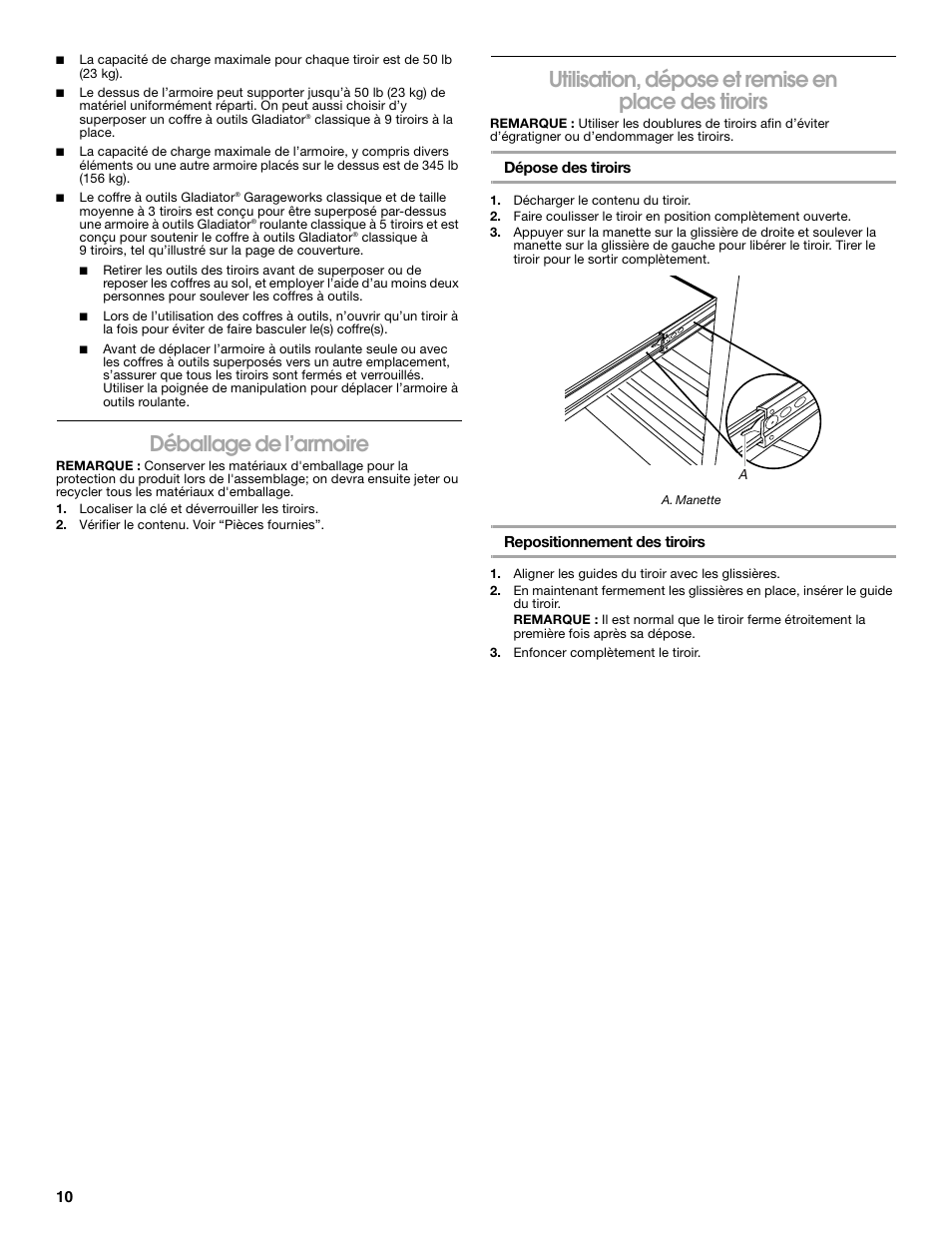 Déballage de l’armoire, Utilisation, dépose et remise en place des tiroirs | Gladiator GATC26V3WG 3-Drawer Middle Chest User Manual | Page 10 / 12