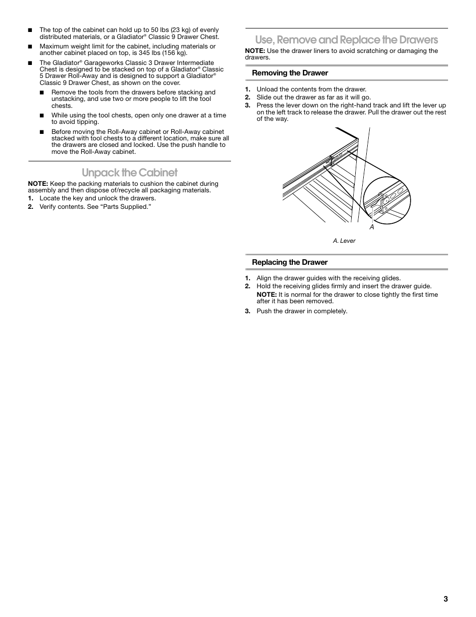 Unpack the cabinet, Use, remove and replace the drawers | Gladiator GATC26V3WG 3-Drawer Middle Chest User Manual | Page 3 / 12