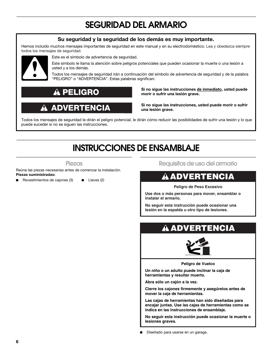 Seguridad del armario instrucciones de ensamblaje, Advertencia peligro, Advertencia | Piezas, Requisitos de uso del armario | Gladiator GATC26V3WG 3-Drawer Middle Chest User Manual | Page 6 / 12