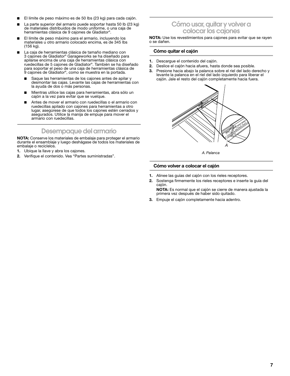 Desempaque del armario, Cómo usar, quitar y volver a colocar los cajones | Gladiator GATC26V3WG 3-Drawer Middle Chest User Manual | Page 7 / 12