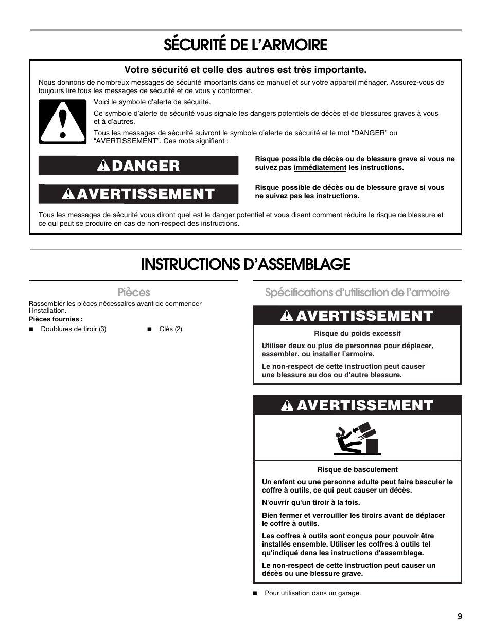 Sécurité de l’armoire instructions d’assemblage, Avertissement danger, Avertissement | Pièces, Spécifications d’utilisation de l’armoire | Gladiator GATC26V3WG 3-Drawer Middle Chest User Manual | Page 9 / 12
