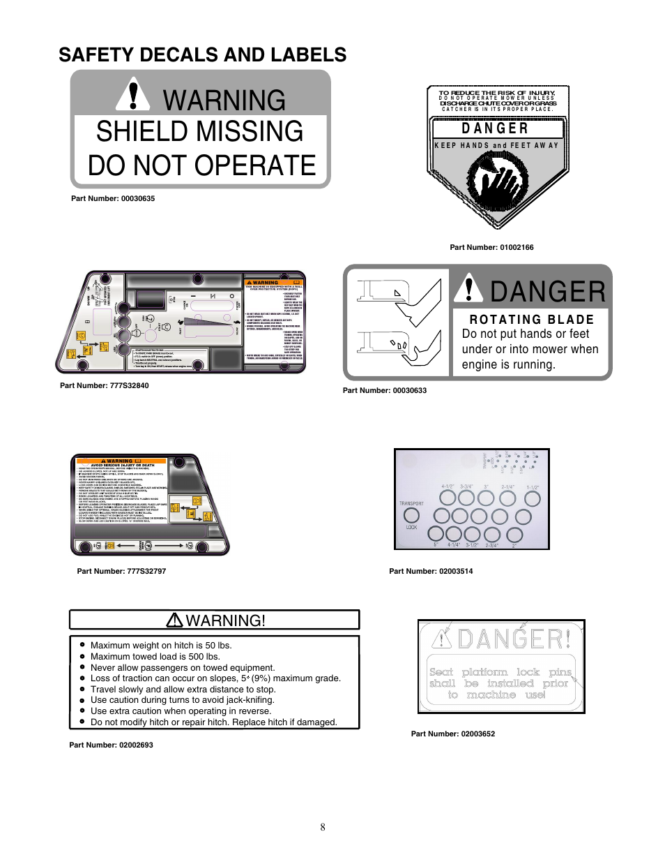 Danger, Warning shield missing do not operate, Safety decals and labels | Cub Cadet 53AJ8CTX750 User Manual | Page 8 / 32
