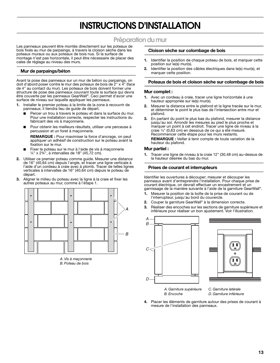 Instructions d'installation, Préparation du mur | Gladiator GAWP082PBY GearWall Panels 8' (2-Pack) User Manual | Page 13 / 16