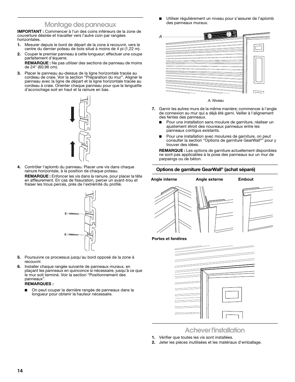 Montage des panneaux, Achever l'installation | Gladiator GAWP082PBY GearWall Panels 8' (2-Pack) User Manual | Page 14 / 16