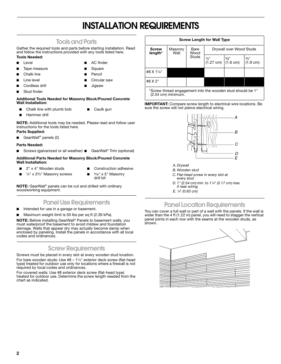 Installation requirements, Tools and parts, Panel use requirements | Screw requirements, Panel location requirements | Gladiator GAWP082PBY GearWall Panels 8' (2-Pack) User Manual | Page 2 / 16