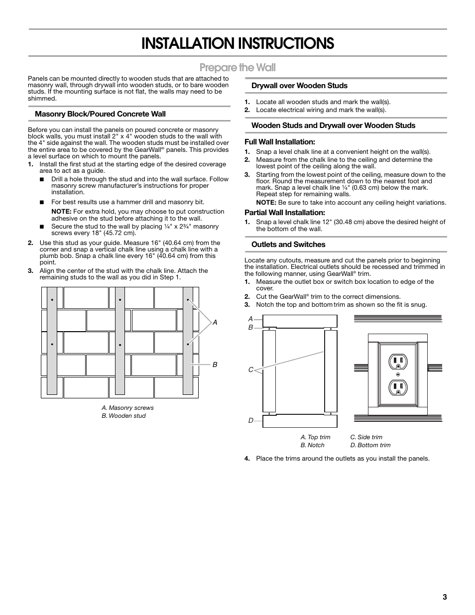 Installation instructions, Prepare the wall | Gladiator GAWP082PBY GearWall Panels 8' (2-Pack) User Manual | Page 3 / 16