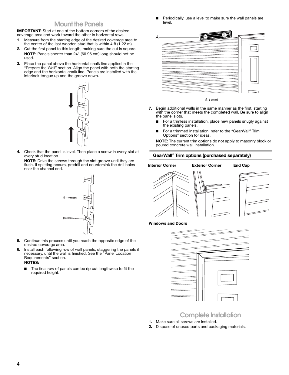 Mount the panels, Complete installation | Gladiator GAWP082PBY GearWall Panels 8' (2-Pack) User Manual | Page 4 / 16