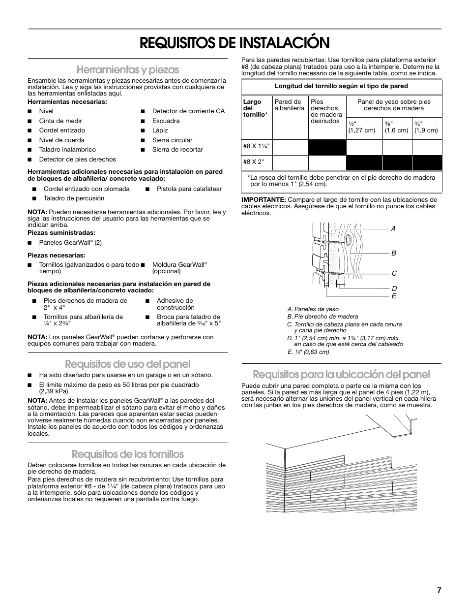 Requisitos de instalación, Herramientas y piezas, Requisitos de uso del panel | Requisitos de los tornillos, Requisitos para la ubicación del panel | Gladiator GAWP082PBY GearWall Panels 8' (2-Pack) User Manual | Page 7 / 16