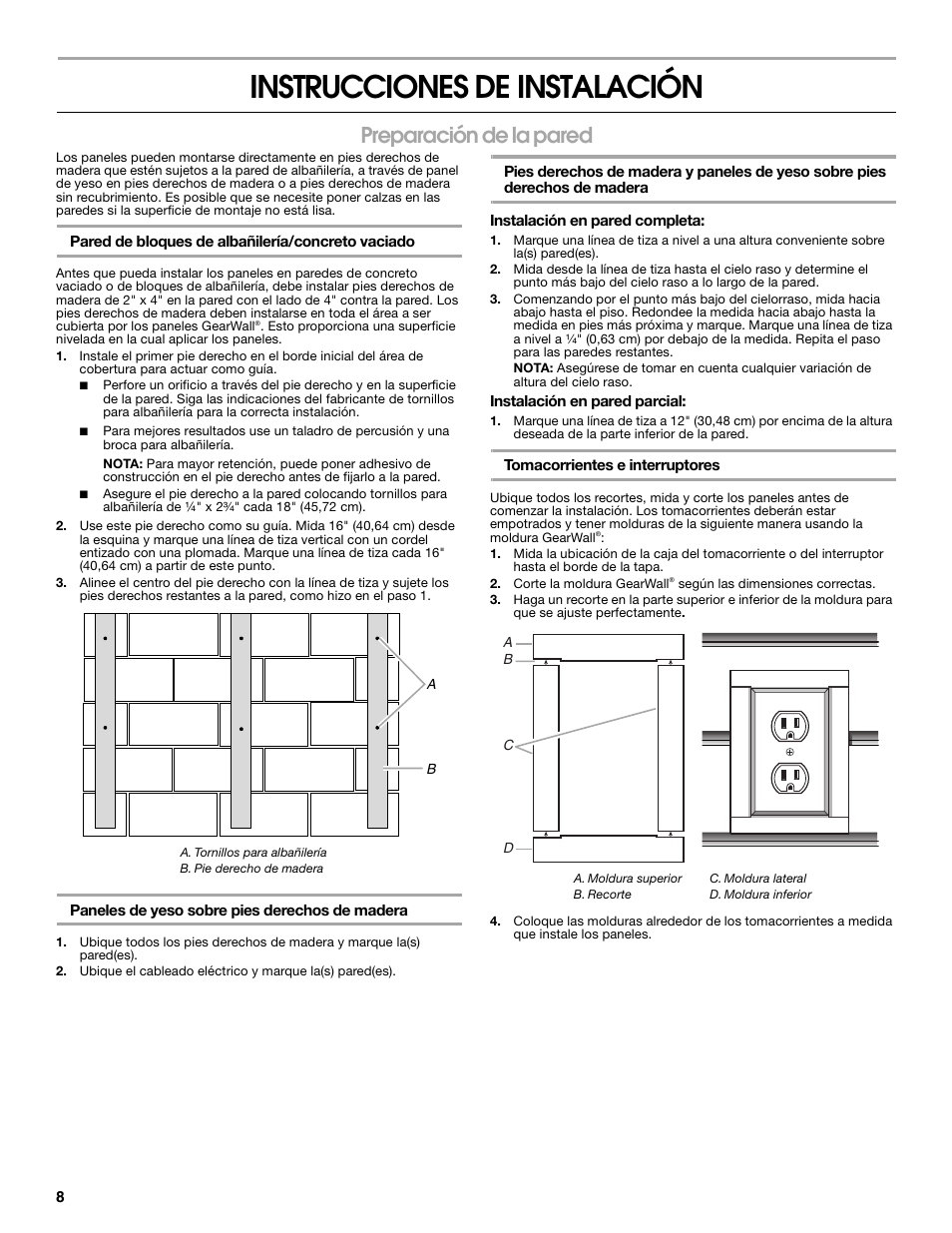 Instrucciones de instalación, Preparación de la pared | Gladiator GAWP082PBY GearWall Panels 8' (2-Pack) User Manual | Page 8 / 16