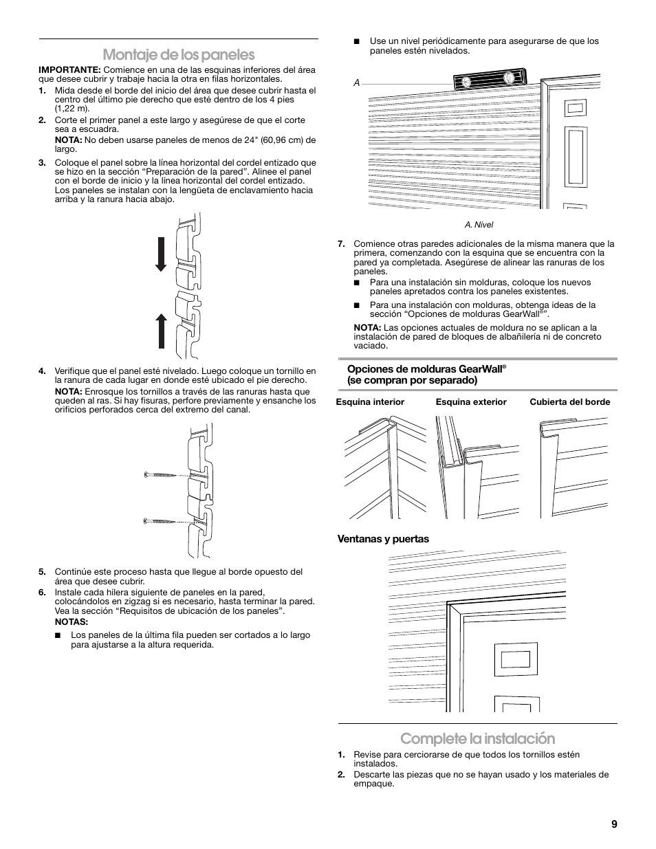 Montaje de los paneles, Complete la instalación | Gladiator GAWP082PBY GearWall Panels 8' (2-Pack) User Manual | Page 9 / 16