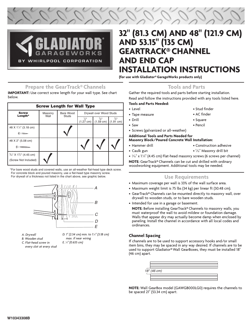 Gladiator GAWC042PZY GearTrack Channels 4' (2 Pack) User Manual | 6 pages
