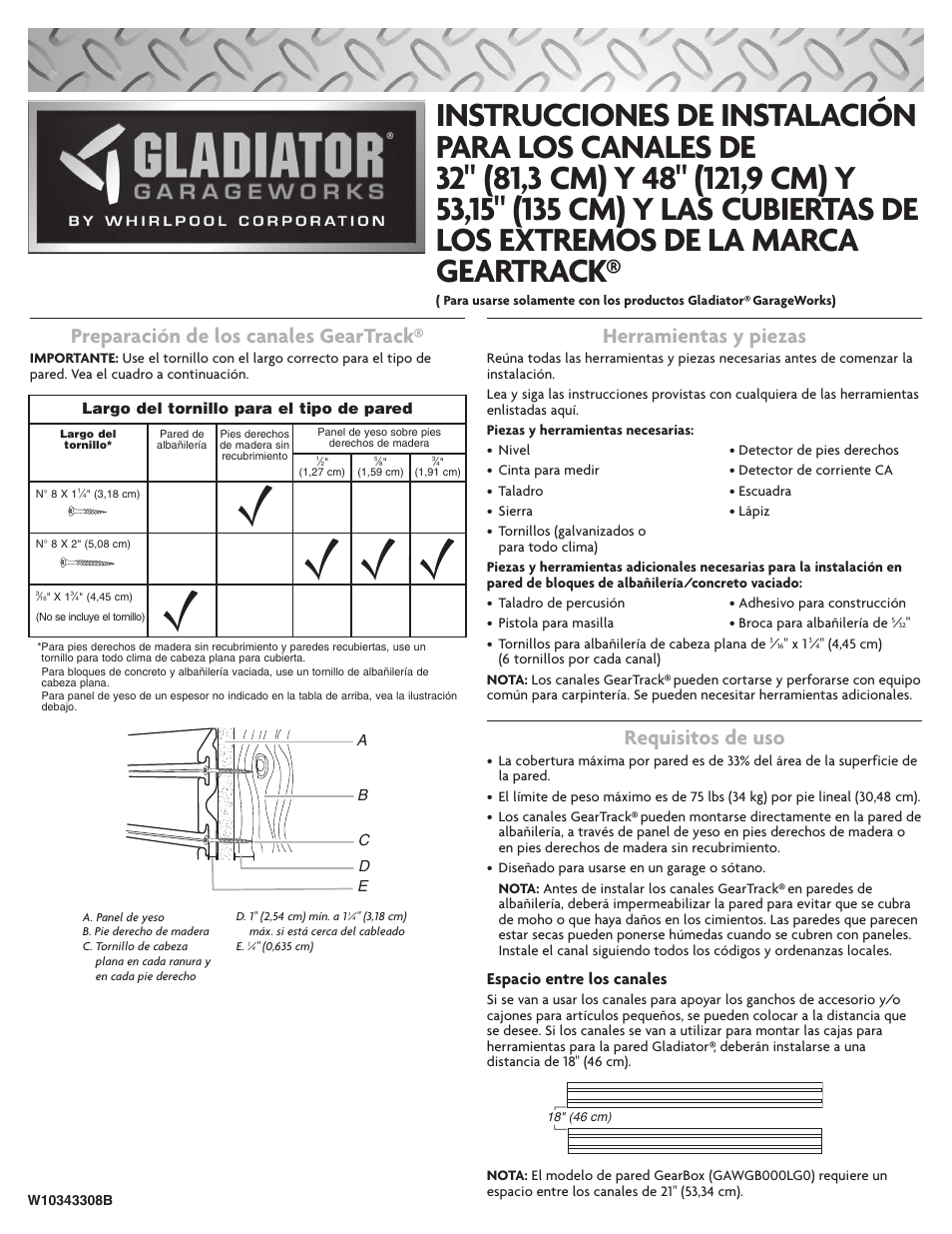 Preparación de los canales geartrack, Herramientas y piezas, Requisitos de uso | Espacio entre los canales | Gladiator GAWC042PZY GearTrack Channels 4' (2 Pack) User Manual | Page 3 / 6