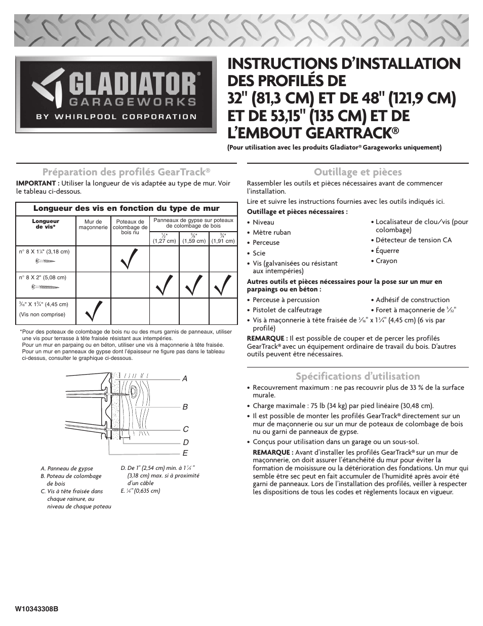 Préparation des profilés geartrack, Outillage et pièces, Spécifications d’utilisation | Ab c d e, Longueur des vis en fonction du type de mur | Gladiator GAWC042PZY GearTrack Channels 4' (2 Pack) User Manual | Page 5 / 6