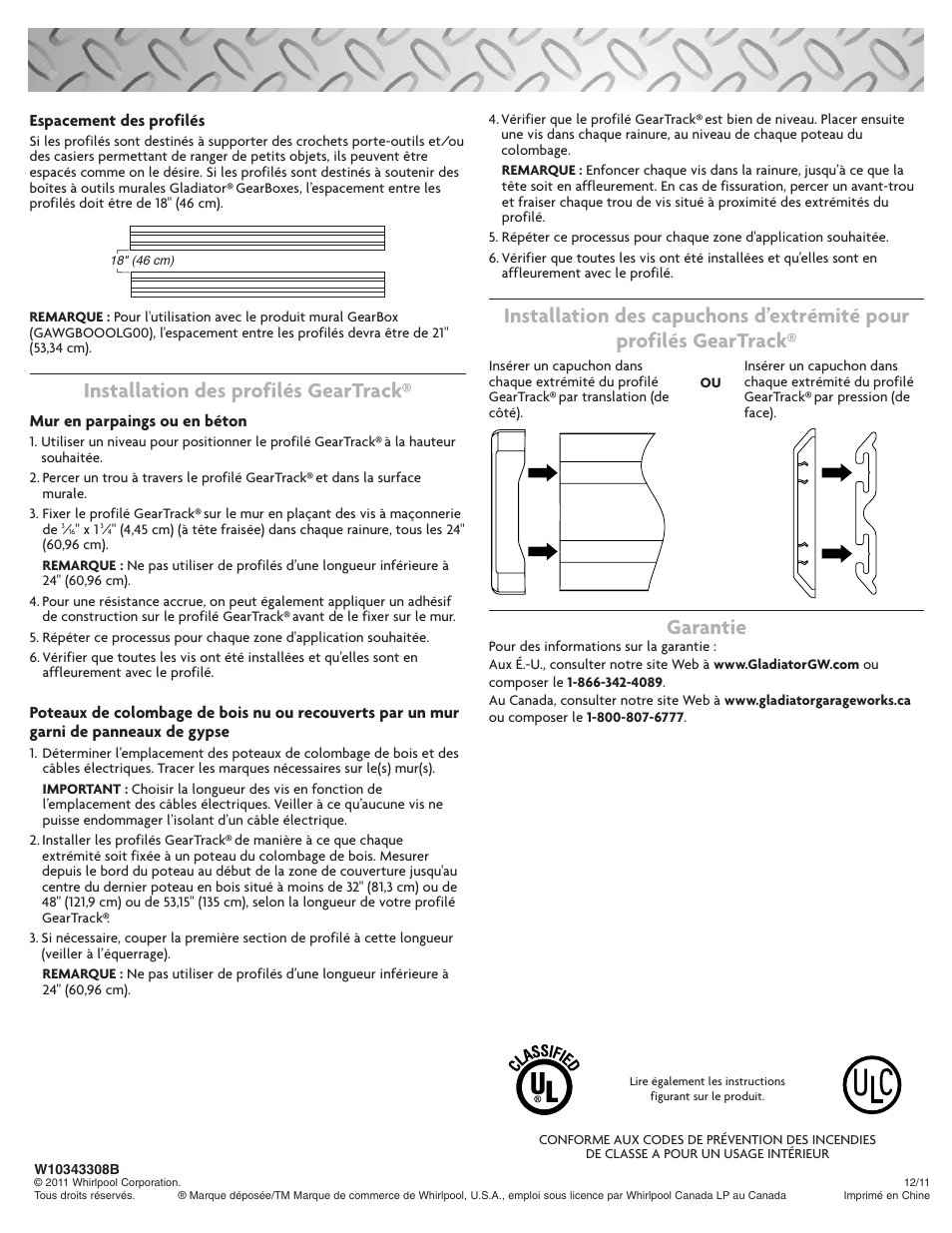 Installation des profilés geartrack, Garantie | Gladiator GAWC042PZY GearTrack Channels 4' (2 Pack) User Manual | Page 6 / 6