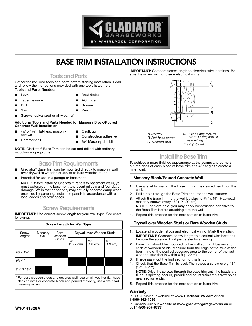 Gladiator GAWT08BTTM GearWall Panel Base Board (4 pack) User Manual | 4 pages