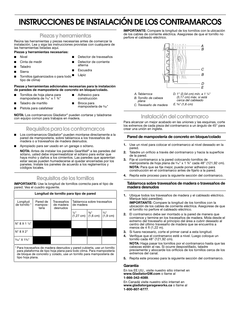 Instrucciones de instalación de los contramarcos, Piezas y herramientas, Requisitos para los contramarcos | Requisitos de los tornillos, Instalación del contramarco | Gladiator GAWT08BTTM GearWall Panel Base Board (4 pack) User Manual | Page 2 / 4