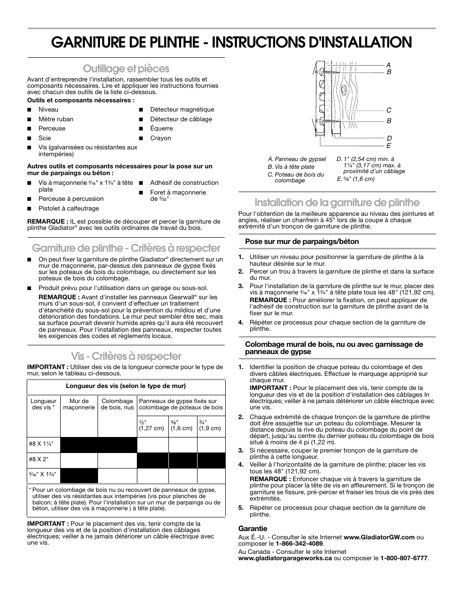 Garniture de plinthe - instructions d'installation, Outillage et pièces, Garniture de plinthe - critères à respecter | Vis - critères à respecter, Installation de la garniture de plinthe | Gladiator GAWT08BTTM GearWall Panel Base Board (4 pack) User Manual | Page 3 / 4