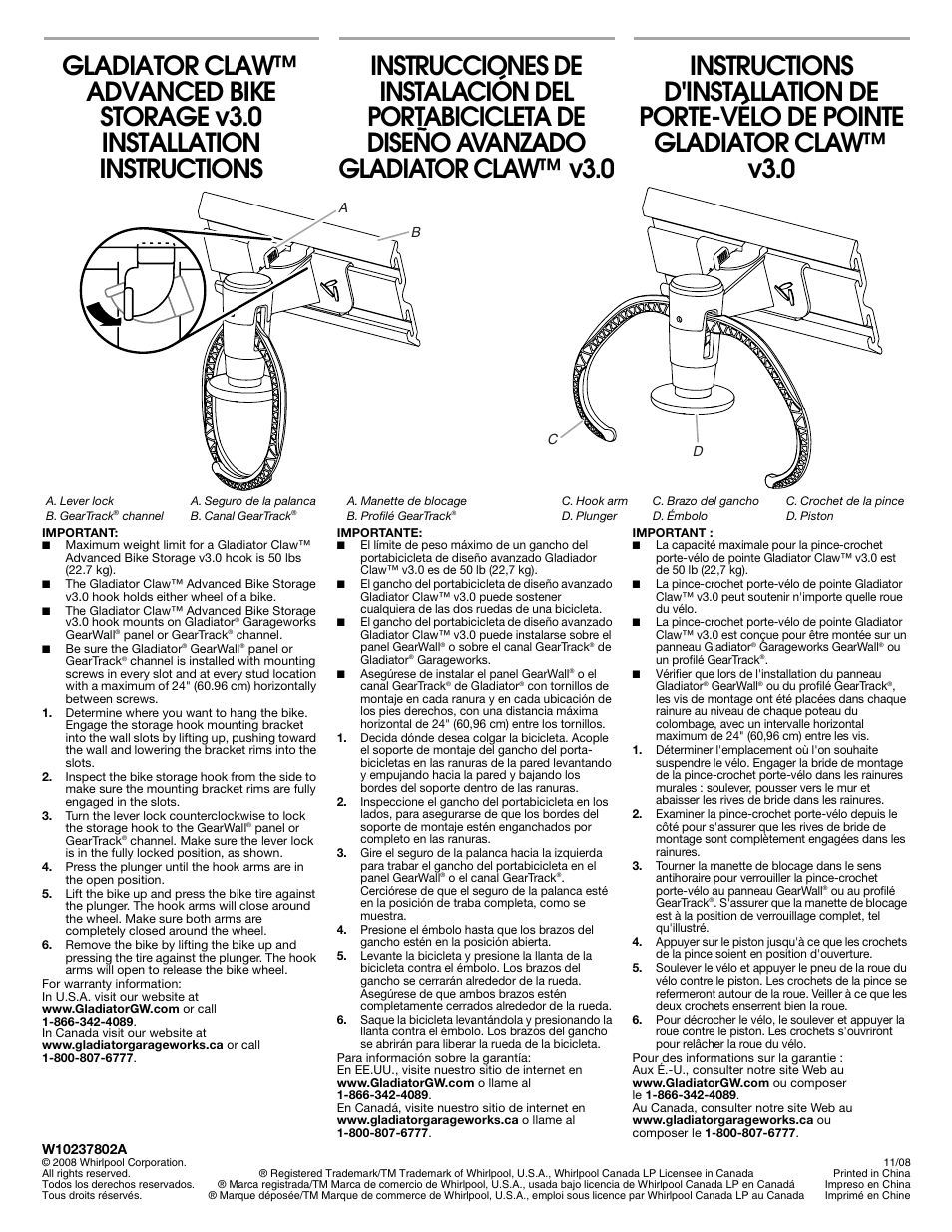 Gladiator GAWUXXCPVK Advanced Bike Storage v3.0 User Manual | 1 page