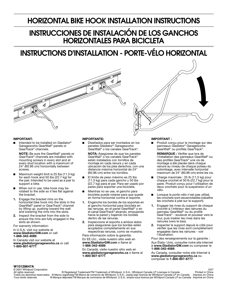 Gladiator GAWUXXHBTG Horizontal Bike Hook User Manual | 1 page