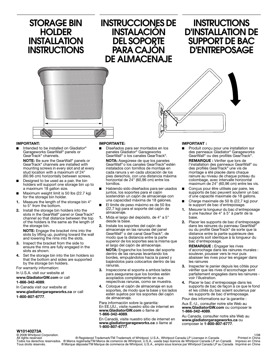 Gladiator GAWUXXBMTH Storage Bin Holder User Manual | 1 page