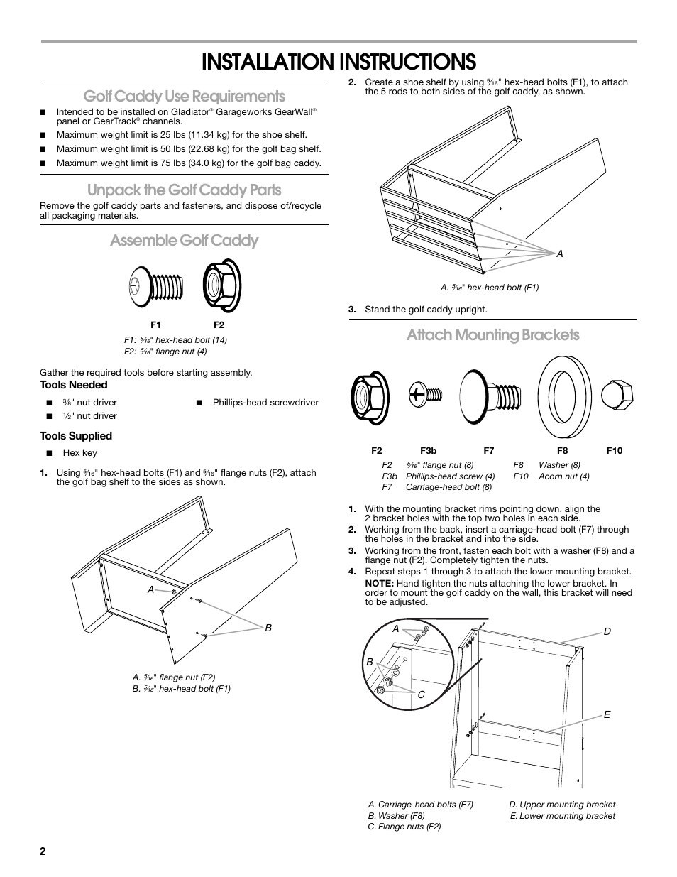 Installation instructions, Golf caddy use requirements, Unpack the golf caddy parts | Assemble golf caddy, Attach mounting brackets | Gladiator GAWUXXGFZW Golf Caddy User Manual | Page 2 / 8