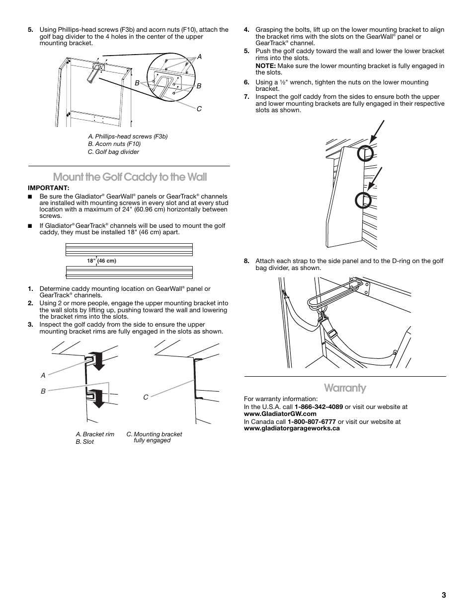 Mount the golf caddy to the wall, Warranty | Gladiator GAWUXXGFZW Golf Caddy User Manual | Page 3 / 8