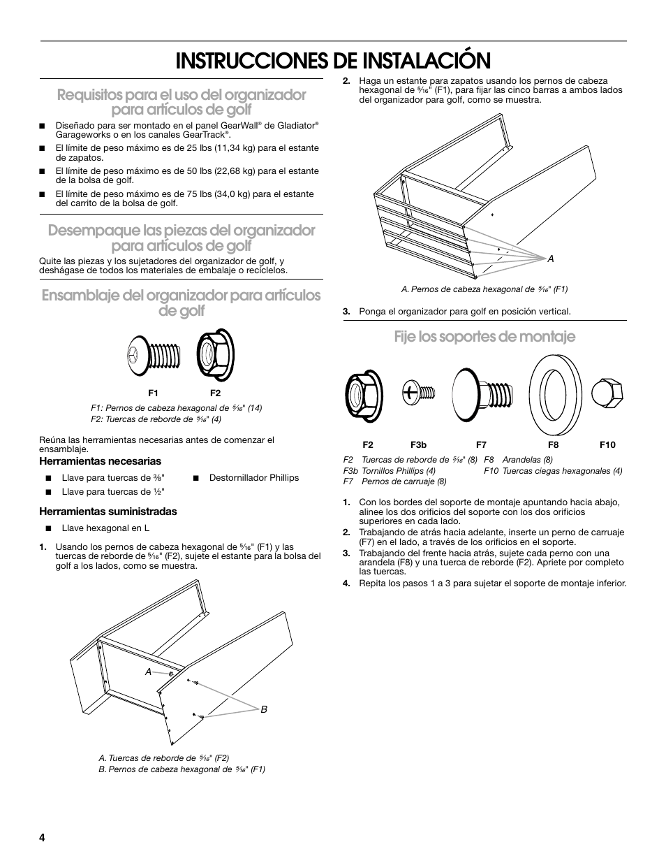 Instrucciones de instalación, Ensamblaje del organizador para artículos de golf, Fije los soportes de montaje | Gladiator GAWUXXGFZW Golf Caddy User Manual | Page 4 / 8