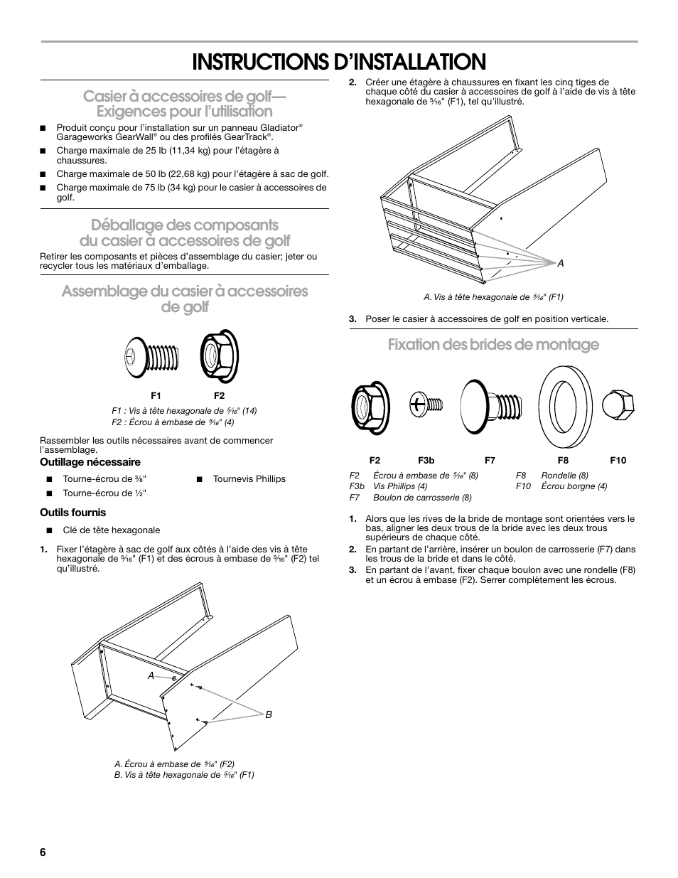 Instructions d’installation, Assemblage du casier à accessoires de golf, Fixation des brides de montage | Gladiator GAWUXXGFZW Golf Caddy User Manual | Page 6 / 8