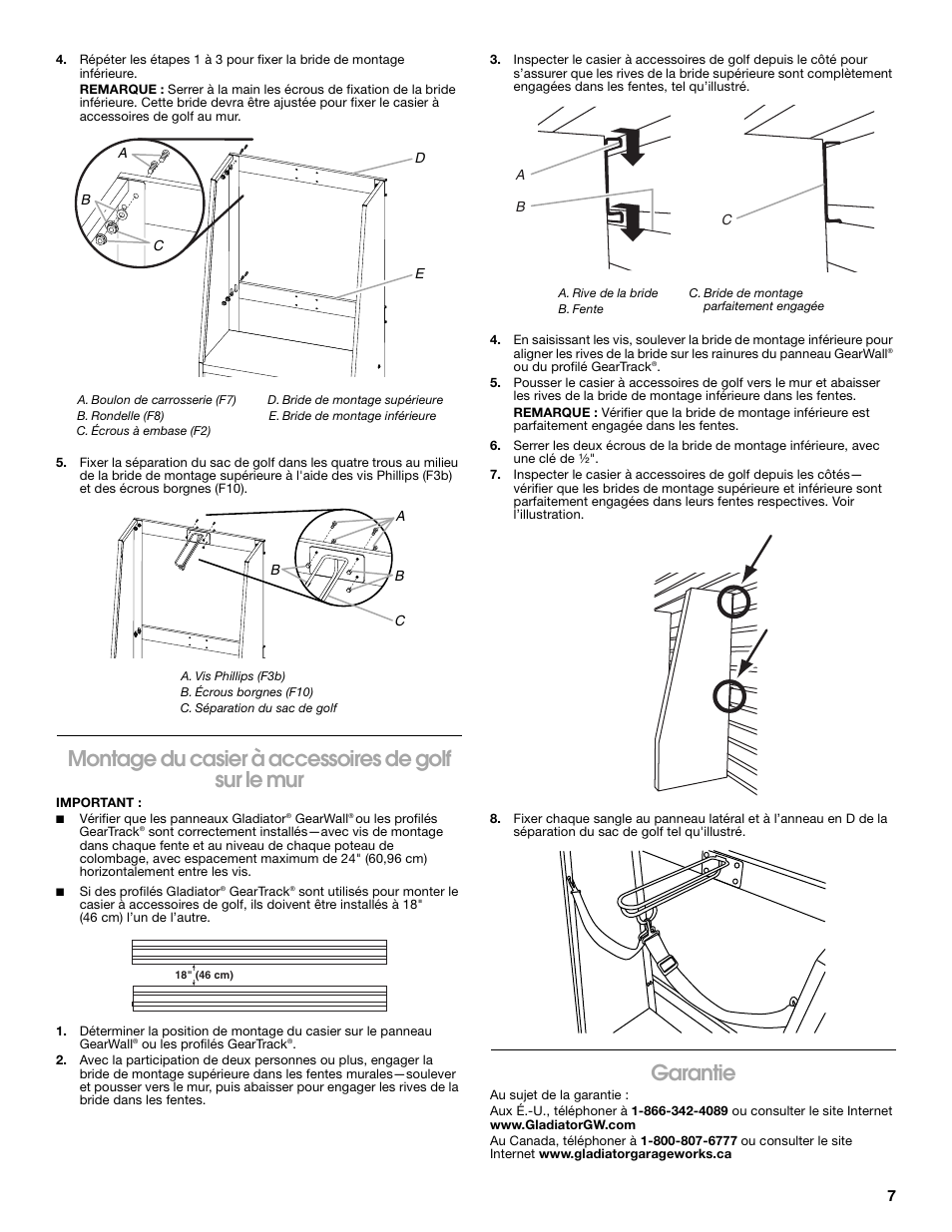 Montage du casier à accessoires de golf sur le mur, Garantie | Gladiator GAWUXXGFZW Golf Caddy User Manual | Page 7 / 8