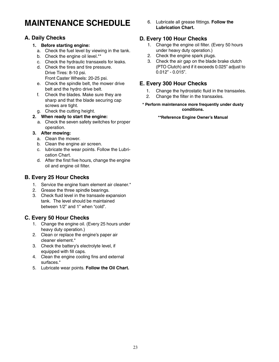 Maintenance schedule | Cub Cadet 20HP ENFORCER 44  EN User Manual | Page 23 / 32