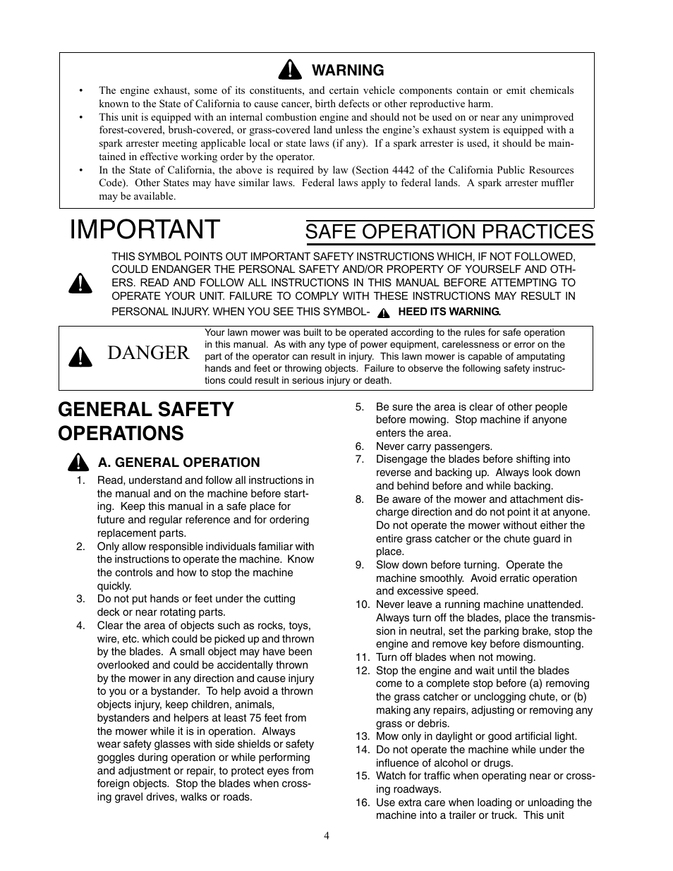 Important, Safe operation practices, Danger general safety operations | Warning | Cub Cadet 20HP ENFORCER 44  EN User Manual | Page 4 / 32