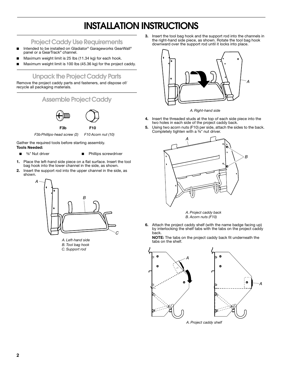 Installation instructions, Project caddy use requirements, Unpack the project caddy parts | Assemble project caddy | Gladiator GAWUXXPTTG Project Caddy User Manual | Page 2 / 8
