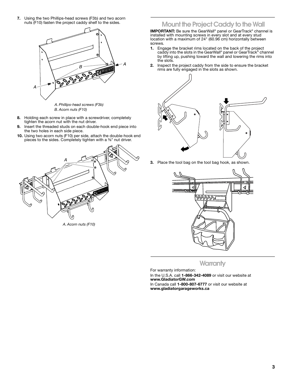 Mount the project caddy to the wall, Warranty | Gladiator GAWUXXPTTG Project Caddy User Manual | Page 3 / 8