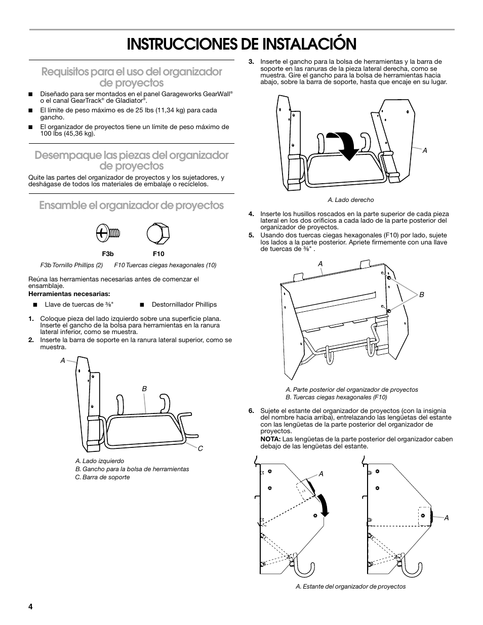 Instrucciones de instalación, Desempaque las piezas del organizador de proyectos, Ensamble el organizador de proyectos | Gladiator GAWUXXPTTG Project Caddy User Manual | Page 4 / 8