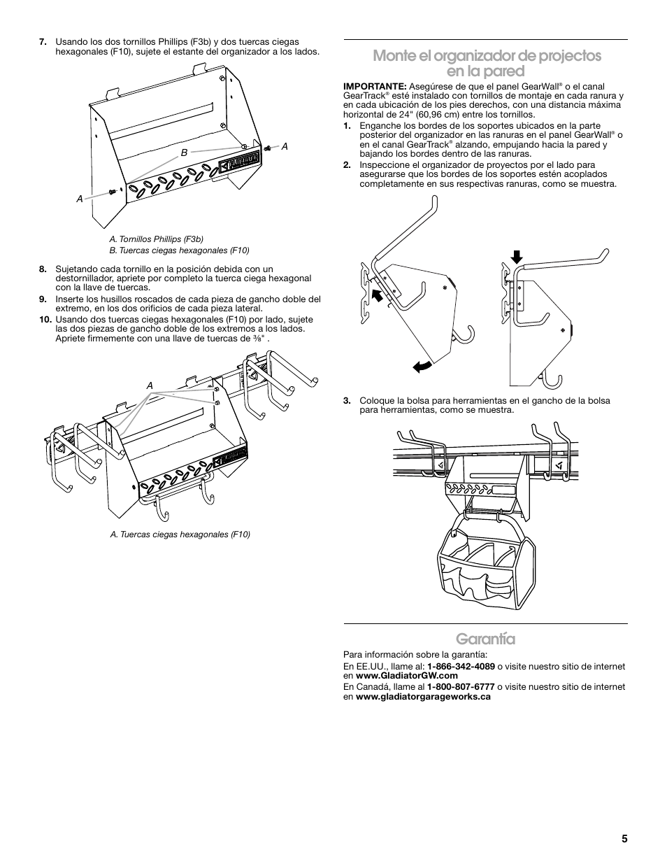 Monte el organizador de projectos en la pared, Garantía | Gladiator GAWUXXPTTG Project Caddy User Manual | Page 5 / 8
