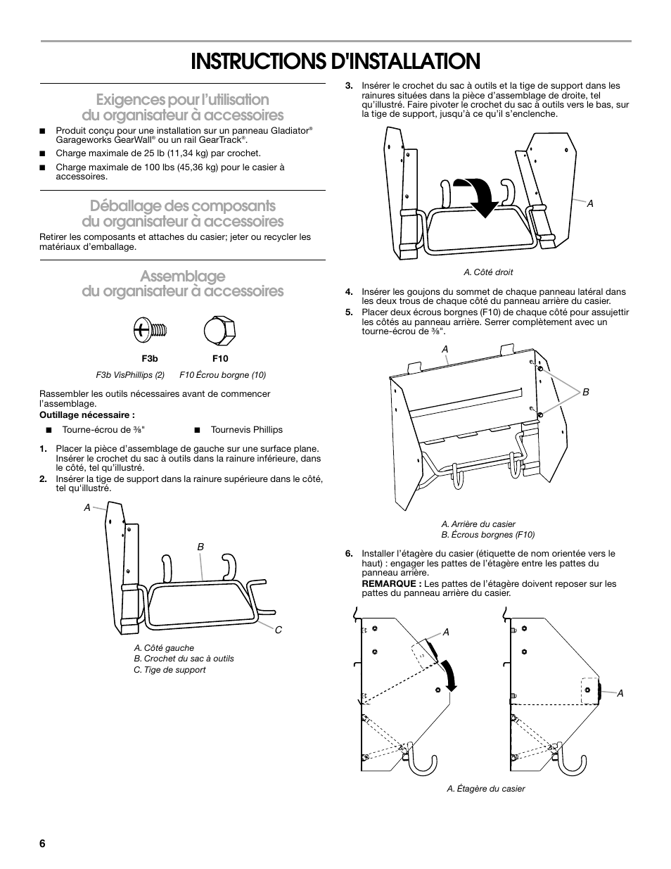 Instructions d'installation, Assemblage du organisateur à accessoires | Gladiator GAWUXXPTTG Project Caddy User Manual | Page 6 / 8